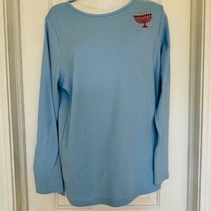 Quacker Factory Top Embroidered Hanukkah Menorah Large Long Sleeve cotton knit